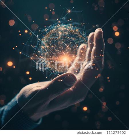 Man holding a glowing digital network orb. a representation of technology in human hands. futuristic concept for innovative ideas. AI Man holding a glowing digital network orb. a representation of technology in human hands. futuristic concept for innovative ideas. AI 111273602