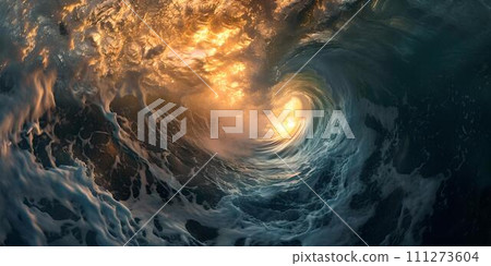 Majestic ocean wave during sunset, capturing the dynamic movement and natural beauty. ideal for backgrounds and nature themes. AI Majestic ocean wave during sunset, capturing the dynamic movement and natural beauty. ideal for backgrounds and nature themes. AI 111273604
