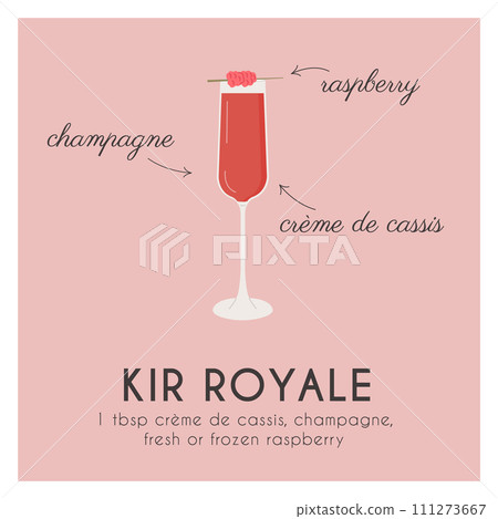 Kir Royale Cocktail, champagne in flute glass garnish with raspberry. Classic alcoholic beverage recipe square banner. Summer french aperitif. Contemporary poster for bar menu. Vector illustration. 111273667