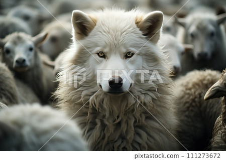 AI-generated content. A wolf in sheep's clothing among sheep. 111273672
