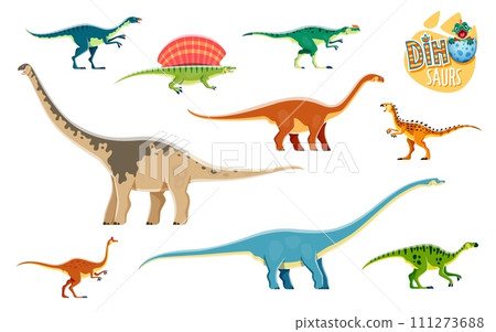 Cartoon dinosaurs, cute reptiles characters. Extinct animal, paleontology vector lizard. Dryosaurus, Edaphosaurus, Cetiosaurus and Scutellosaurus, Paralititan, Mamenchisaurus dinosaurs personages Cartoon dinosaurs, cute reptiles characters. Extinct animal, paleontology vector lizard. Dryosaurus, Edaphosaurus, Cetiosaurus and Scutellosaurus, Paralititan, Mamenchisaurus dinosaurs personages 111273688