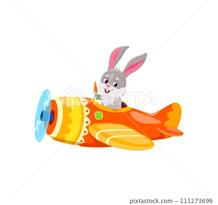Cartoon baby bunny animal character on plane. Animal kid airplane pilot. Isolated vector adorable rabbit joyfully soars through the sky on whimsical plane, ears flapping, carrot in hand, eyes excited 111273696
