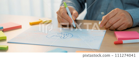 Skilled businessman brainstorms marketing ideas using mind maps.Variegated. 111274041