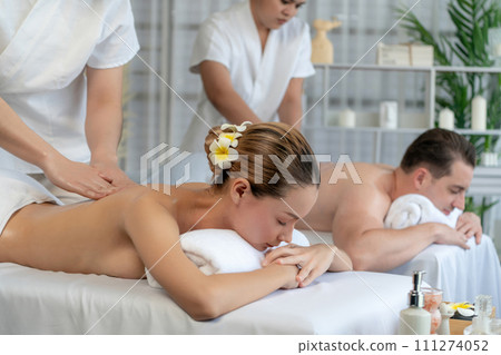 Caucasian couple customer enjoying relaxing anti-stress massage. Quiescent 111274052