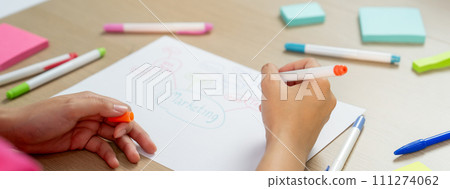Professional businesswoman drawing business mind map. Closeup. Variegated. 111274062