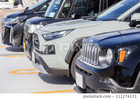 Cars lined up in a shopping mall parking lot 111274131