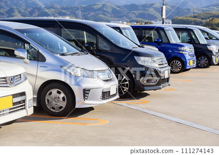 Cars lined up in a shopping mall parking lot 111274143