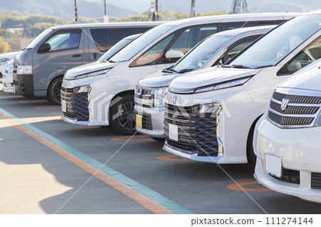 Cars lined up in a shopping mall parking lot 111274144