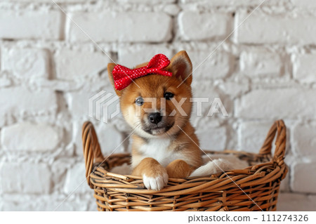 Cute Shiba Inu puppy with red bow in basket, rustic brick wall on background 111274326