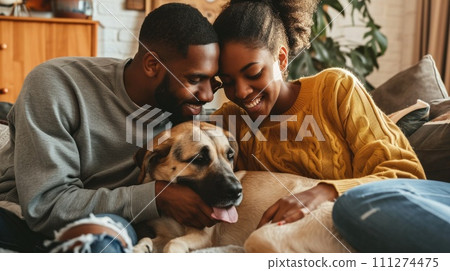 AI-generated content. happy people at home with favorite pet , love and friendship pragma 111274475
