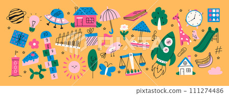 Set of colorful kindergarten doodles. Butterfly, toys, flower, umbrella, house, sun, tree, animals and other elements. 111274486