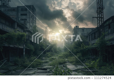 AI-generated content. Dramatic Sunset over Ruins of Abandoned Factory. Resplendent. 111274524