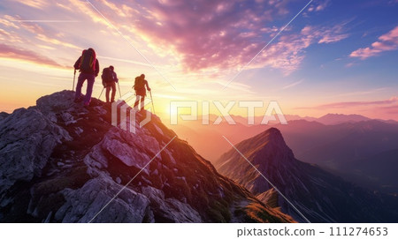 AI-generated content. A group of friends on a hiking adventure, panoramic mountain views. Resplendent. 111274653