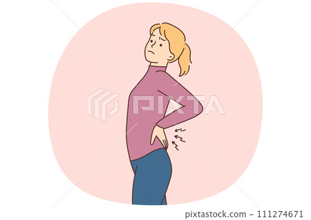 Unhealthy woman stretch suffer from backache Unhealthy woman stretch suffer from backache 111274671