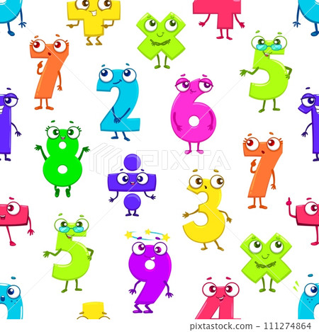 Cartoon funny math number characters seamless pattern. Fabric or wallpaper, wrapping paper vector print with mathematics numbers, kids education digits or school math numeric symbols cute personages Cartoon funny math number characters seamless pattern. Fabric or wallpaper, wrapping paper vector print with mathematics numbers, kids education digits or school math numeric symbols cute personages 111274864