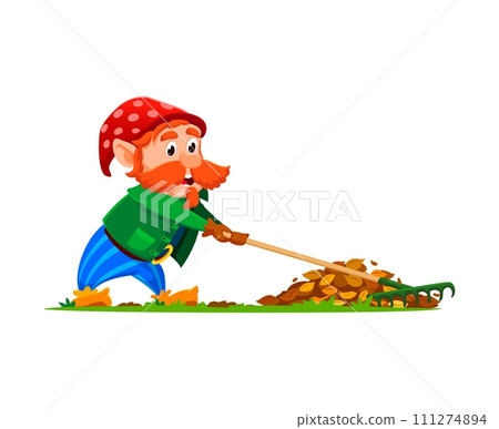 Cartoon gnome or dwarf gardener character with a pointy hat diligently rakes colorful leaves in a charming garden. Isolated vector whimsical personage bringing a touch of magic to the autumn scene 111274894