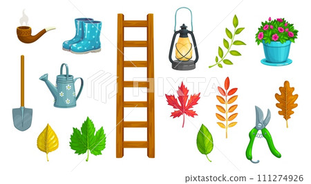 Gnome farming and gardening tools, tree leaves and plants. Isolated vector set of smoking pipe, rubber boots, watering can, shovel and foliage. Ladder, gasoline lantern, pruner and potted flower Gnome farming and gardening tools, tree leaves and plants. Isolated vector set of smoking pipe, rubber boots, watering can, shovel and foliage. Ladder, gasoline lantern, pruner and potted flower 111274926