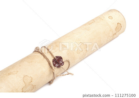 Scroll of vintage paper with sealing wax isolated on white 111275100