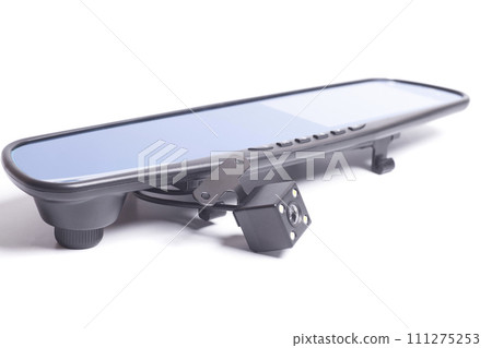car rear view mirror with DVR isolated on white background. car rear view mirror with DVR isolated on white background. 111275253