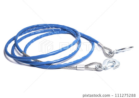steel car tow rope with hooks in blue braid isolated on white background 111275288