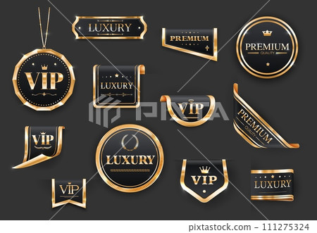 Golden VIP luxury labels and banners or premium quality stickers, vector ribbons and badges. VIP certificate labels and tags with shiny golden wreath, star and royal crown on black badges or pendant 111275324