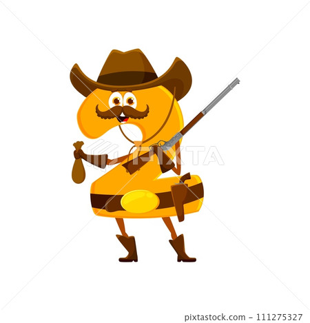 Cartoon cowboy, sheriff, and robber math number two character sporting hat and armed with a rifle, cleverly balances a money purse. Isolated vector 2 wild west personage, embodying numerical precision 111275327
