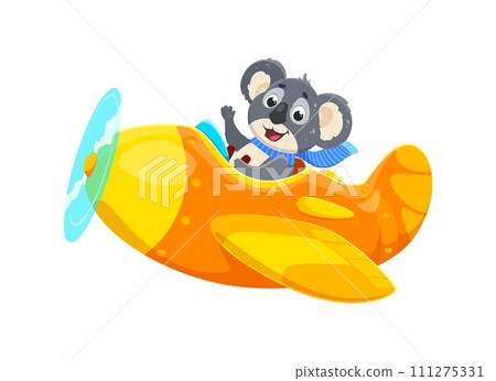 Baby animal character on plane. Cartoon animal koala kid airplane pilot. Isolated vector adorable cub gleefully navigates a miniature aeroplane, spreading joy and cuteness through the fluffy skies 111275331
