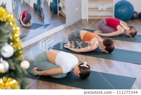 Group of women performing Balasana in Christmas yoga studio Group of women performing Balasana in Christmas yoga studio 111275344