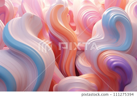Soft pastel waves blend in a smooth, flowing abstract design, ideal for tranquil backgrounds or creative graphic elements. Generative AI. 111275394
