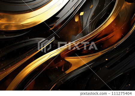 Dynamic black and gold swirls with sparkling particles, suitable for luxury branding, high-end design, or dramatic backgrounds. Generative AI. 111275404