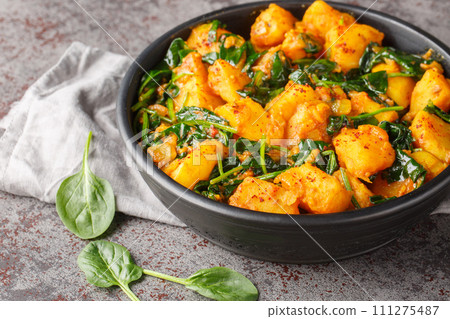 Aloo Saag South Asian curry made with potatoes and spinach with spices closeup on the bowl. Horizontal 111275487