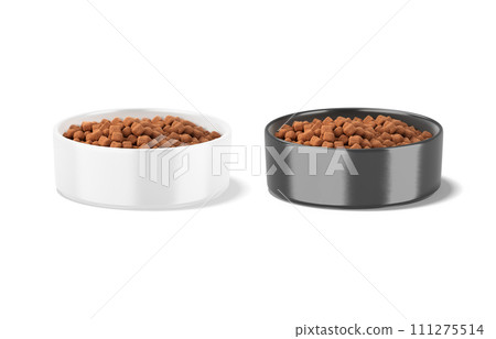 Blank black and white ceramic dog bowl with snack mockup Blank black and white ceramic dog bowl with snack mockup 111275514