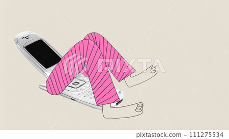 Modern aesthetic artwork. Sitting retro flip phone with human legs in pink striped pants against beige background. Generation Z culture. Modern aesthetic artwork. Sitting retro flip phone with human legs in pink striped pants against beige background. Generation Z culture. 111275534