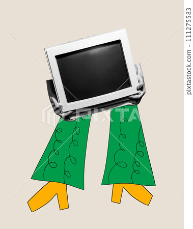Modern aesthetic artwork. Drawn person with vintage desktop computer monitor instead f body against beige background. Generation Z culture. 111275583