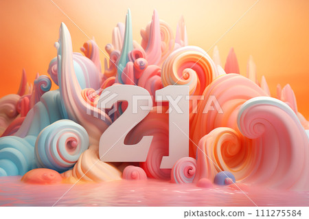 Colorful and playful number twenty one. Symbol 21. Invitation for a twenty-first birthday party or business anniversary. Generative AI. 111275584