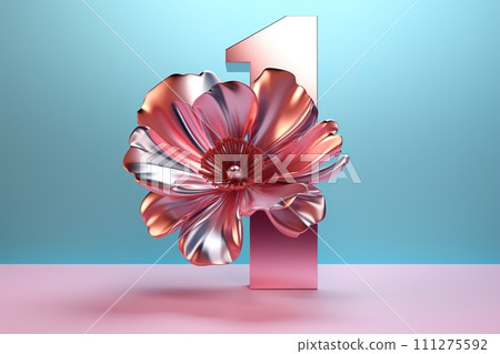 Volumetric number one with elegant pink flower. Symbol 1. Invitation for a first birthday party, business anniversary, or any event celebrating a first milestone. Generative AI. 111275592