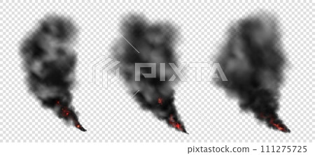 Black smoke. Explosion fire clouds from trail or factory exhaust. Realistic dark burn in sky. Transparent gas and smoky fog. Flame fume effect. Chimney pollution. Vector 3D elements set 111275725
