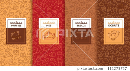 Bakery labels. Bakery pattern. Coffee bread, cookie logo, pastry food cake label frame for confectionery menu, sweet wheat bagel. Flyer design, menu cover. Delicious products. Vector background Bakery labels. Bakery pattern. Coffee bread, cookie logo, pastry food cake label frame for confectionery menu, sweet wheat bagel. Flyer design, menu cover. Delicious products. Vector background 111275737
