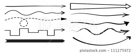 Straight long arrows isolated vector set. Monochrome pointing signs, curve, wavy, dotted and grungy pointers or cursors, creating a dynamic visual impact for direction and movement 111275972
