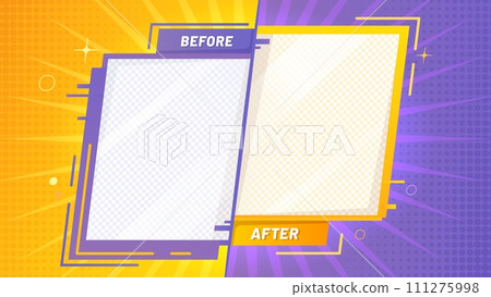 Before after template. Vector yellow and purple color background with halftone dotted pattern, sun rays, sparks and transparent copy space. Borders or photo frames for comparison in retro comic style 111275998