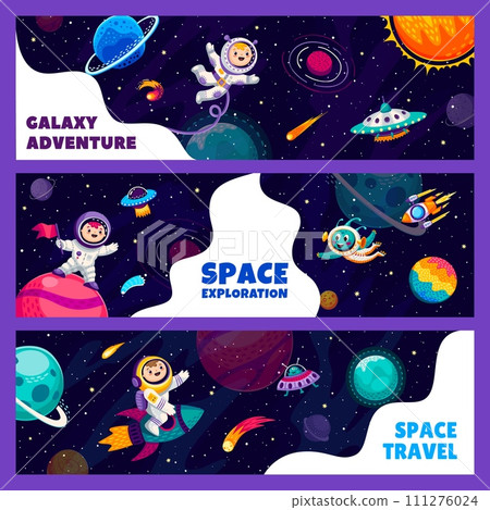 Kids astronauts at starry galaxy landscape. Space travel banners with cartoon spaceman and alien characters at outer space vector background with rockets, UFO and galaxy planets, comets and stars Kids astronauts at starry galaxy landscape. Space travel banners with cartoon spaceman and alien characters at outer space vector background with rockets, UFO and galaxy planets, comets and stars 111276024