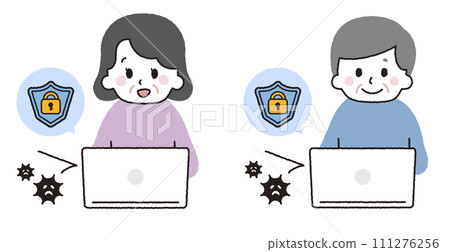 An old man operating a computer with antivirus protection. 111276256