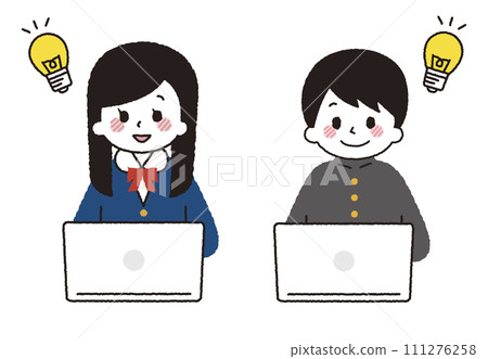 操作電腦的學生。一個女孩和一個男孩在線上課程中學習。 111276258