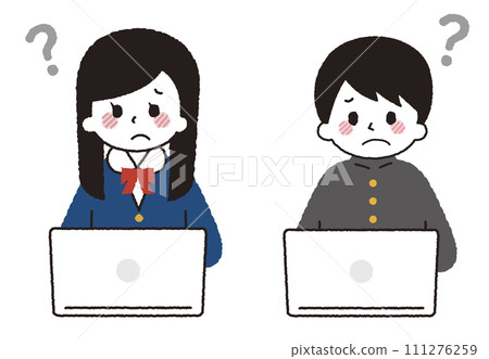 A student operating a computer. A girl and a boy studying in an online class. A worried expression. 111276259