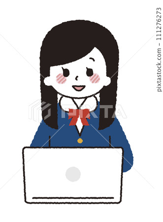 操作電腦的學生。一名女孩正在線上上課。 111276273