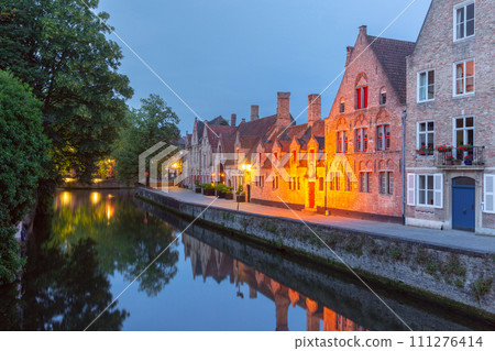 Cityscape with a tower Belfort and the Green canal in Bruges at 111276414
