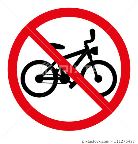 no cycling symbol, prohibitory sign, red crossed out circle symbol with bicycle silhouette 111276455