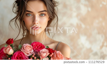 A stunning woman, radiant in elegance, holding a bouquet of vibrant roses against a simple backdrop 111276529