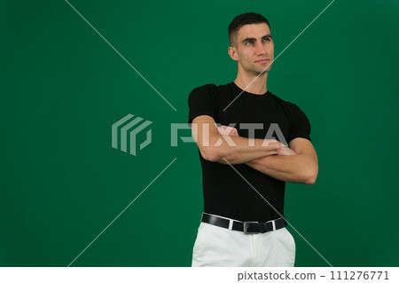 fold hands on chest man sexy businessman wearing glasses standing with arms crossed to chest and posing happy on white studio background fold hands on chest man sexy businessman wearing glasses standing with arms crossed to chest and posing happy on white studio background 111276771
