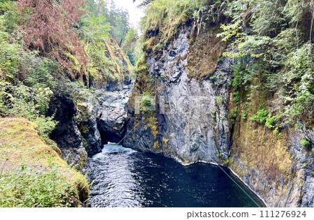 A beautiful view of the upper fall of Englishman river surrounded by mossy rocks and lush forest trees Englishman river falls park Parksville Qualicum Vancouver Island Canada 111276924